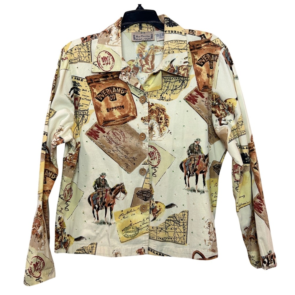 New Direction Button Down Shirt Womens XL Cream Western Cowboy Beaded Cotton
